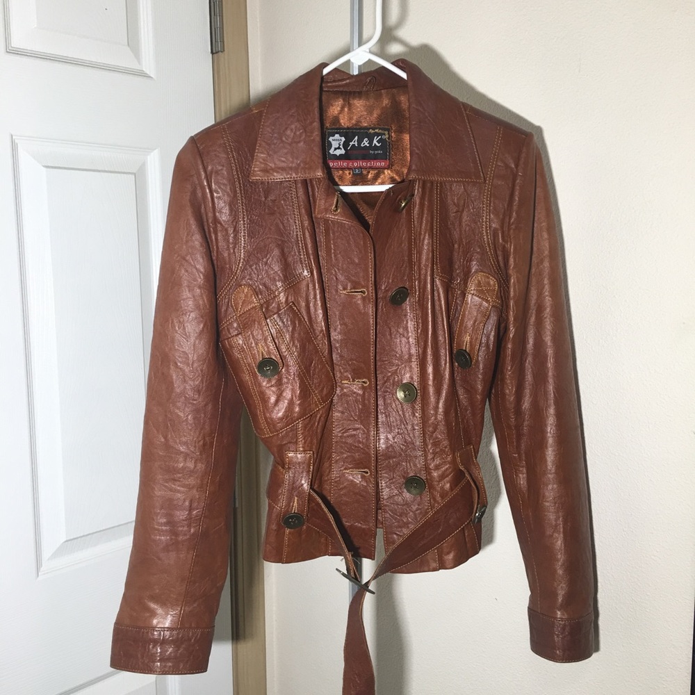 A&K Lambskin Brown Leather Jacket with belt Size S